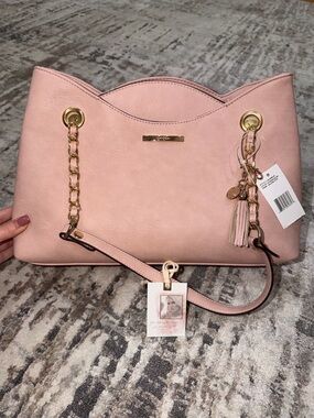 Jessica Simpson Pink Scallop-Top Shoulder Tote with Gold Chain Details